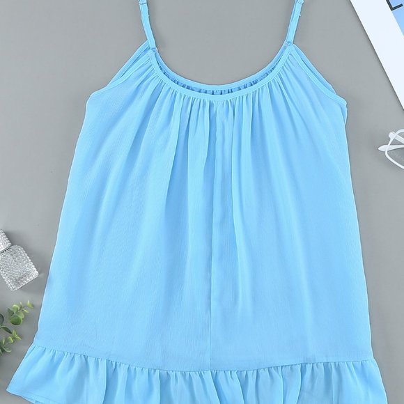 Light Blue Spaghetti Straps Pleated Ruffled Tank Top - Picture 8 of 13